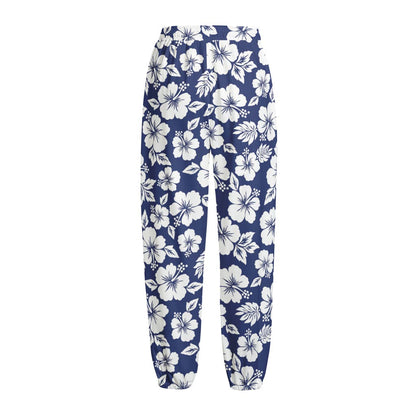 White Blue Hibiscus Floral Pattern Print Fleece Lined Knit Pants