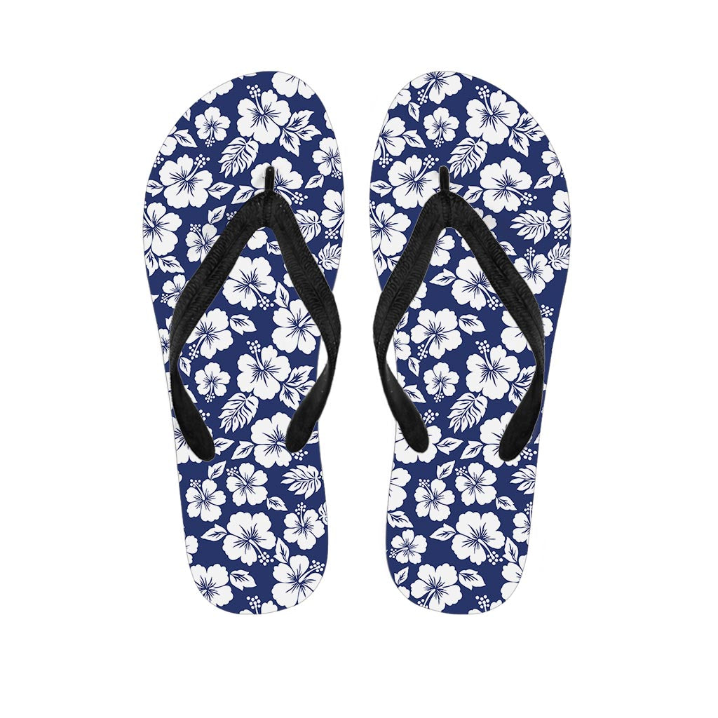 White Blue Hibiscus Floral Pattern Print Flip Flops