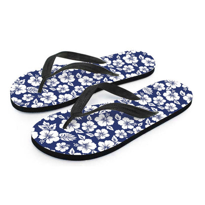 White Blue Hibiscus Floral Pattern Print Flip Flops
