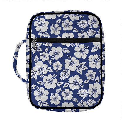White Blue Hibiscus Floral Pattern Print Front Pocket Bible Bag