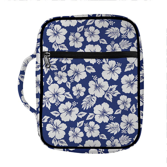 White Blue Hibiscus Floral Pattern Print Front Pocket Bible Bag
