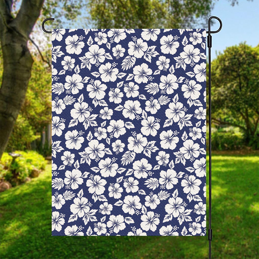 White Blue Hibiscus Floral Pattern Print Garden Flag