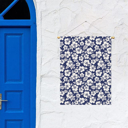 White Blue Hibiscus Floral Pattern Print Garden Flag