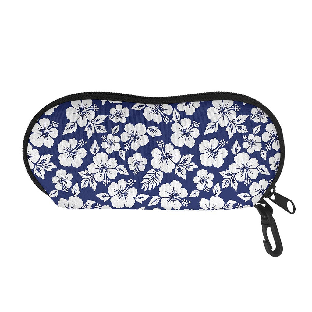 White Blue Hibiscus Floral Pattern Print Glasses Case