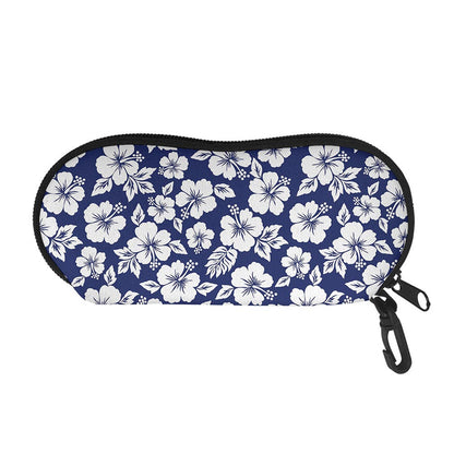 White Blue Hibiscus Floral Pattern Print Glasses Case