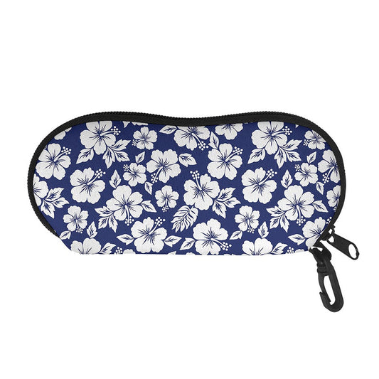White Blue Hibiscus Floral Pattern Print Glasses Case