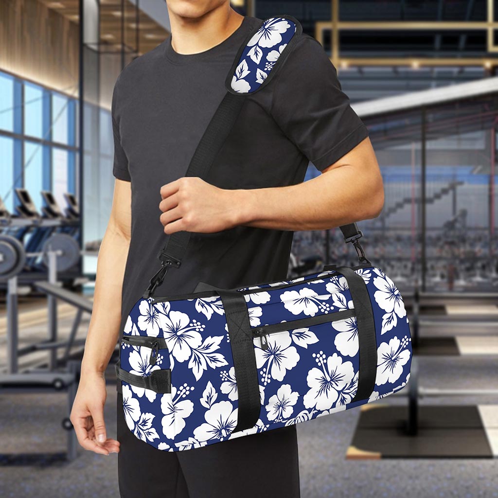White Blue Hibiscus Floral Pattern Print Gym Bag