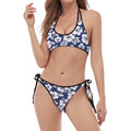 White Blue Hibiscus Floral Pattern Print Halter Scoop Tie Side Bikini