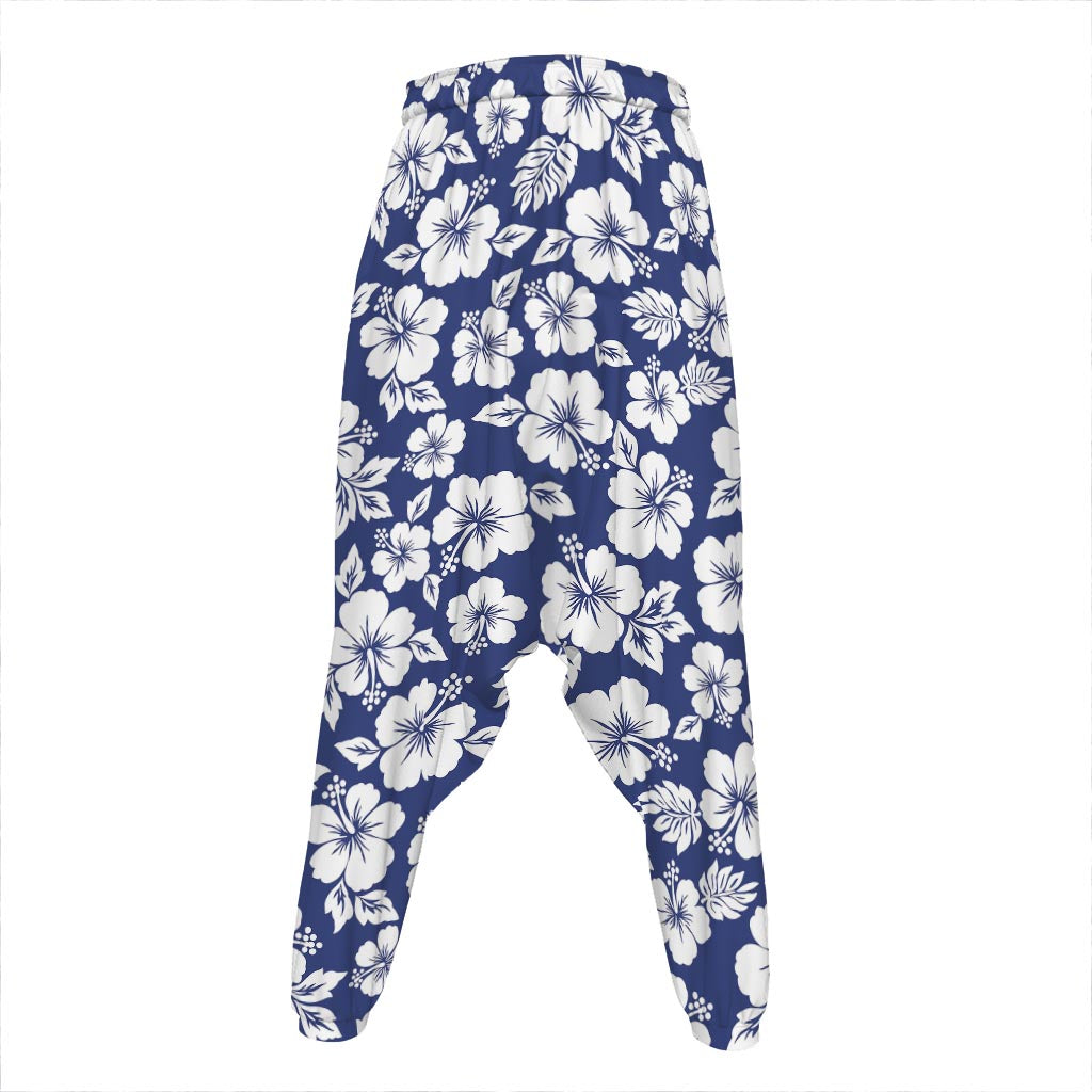 White Blue Hibiscus Floral Pattern Print Hammer Pants