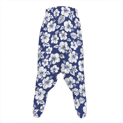 White Blue Hibiscus Floral Pattern Print Hammer Pants