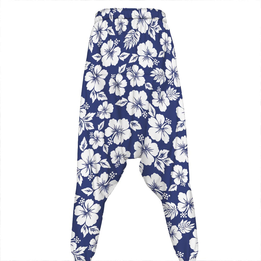 White Blue Hibiscus Floral Pattern Print Hammer Pants