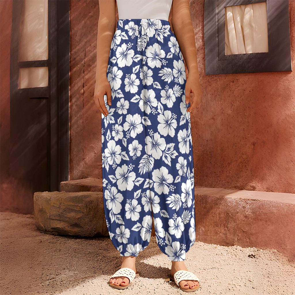 White Blue Hibiscus Floral Pattern Print Harem Pants