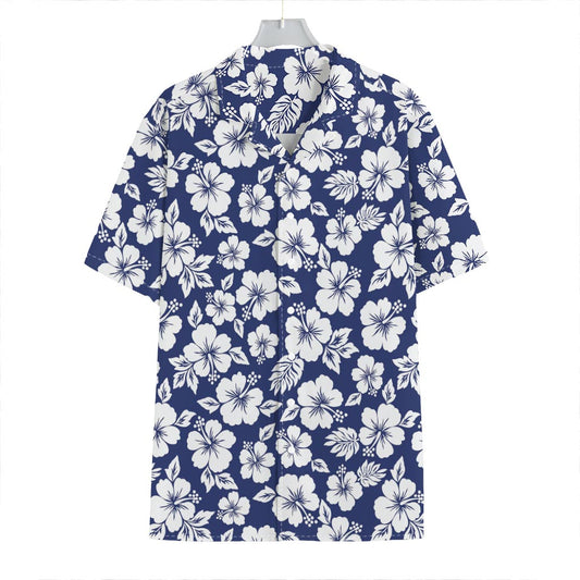 White Blue Hibiscus Floral Pattern Print Hawaiian Shirt