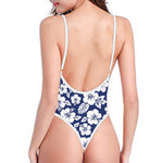White Blue Hibiscus Floral Pattern Print High Cut One Piece Swimsuit