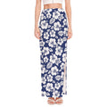 White Blue Hibiscus Floral Pattern Print High Slit Maxi Skirt