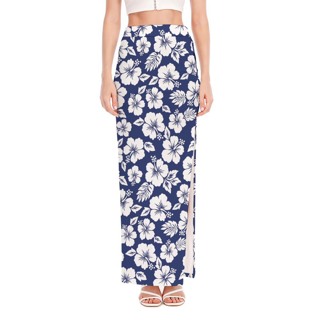 White Blue Hibiscus Floral Pattern Print High Slit Maxi Skirt