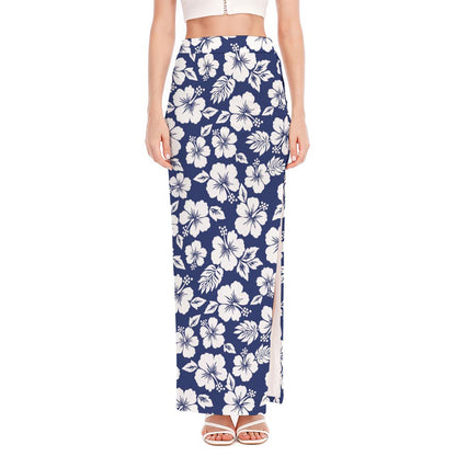 White Blue Hibiscus Floral Pattern Print High Slit Maxi Skirt