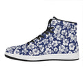White Blue Hibiscus Floral Pattern Print High Top Leather Sneakers