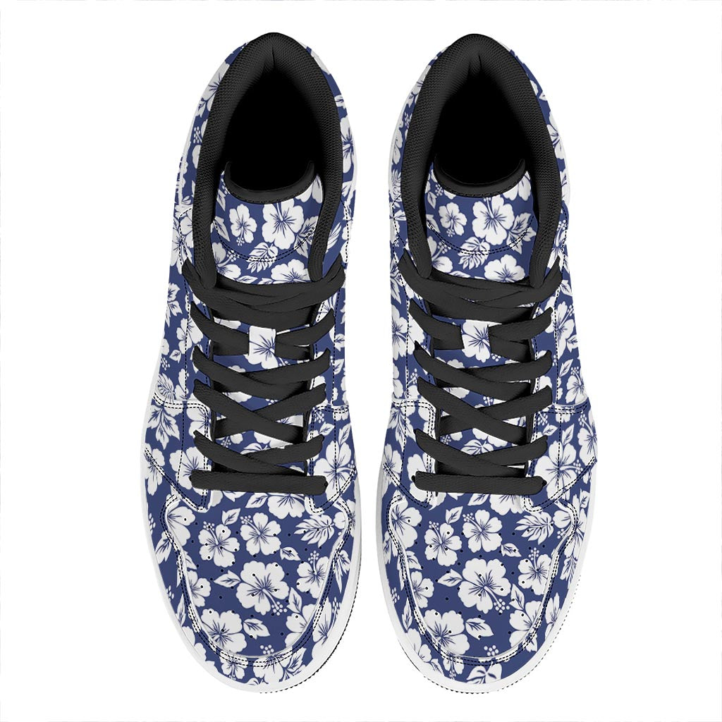 White Blue Hibiscus Floral Pattern Print High Top Leather Sneakers