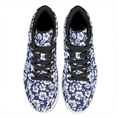 White Blue Hibiscus Floral Pattern Print High Top Leather Sneakers