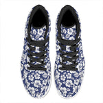 White Blue Hibiscus Floral Pattern Print High Top Leather Sneakers