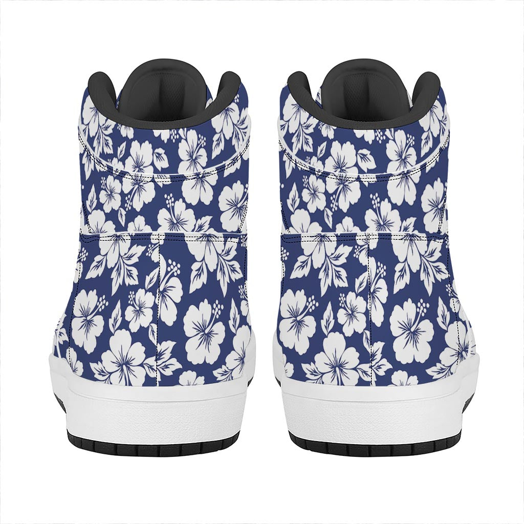 White Blue Hibiscus Floral Pattern Print High Top Leather Sneakers