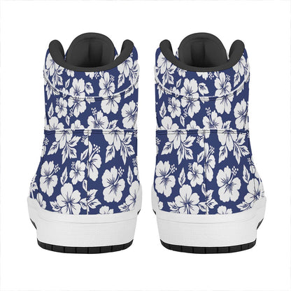 White Blue Hibiscus Floral Pattern Print High Top Leather Sneakers