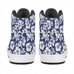 White Blue Hibiscus Floral Pattern Print High Top Leather Sneakers