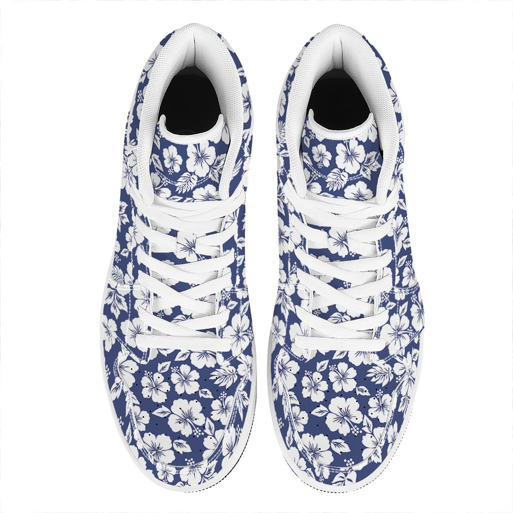White Blue Hibiscus Floral Pattern Print High Top Leather Sneakers