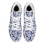 White Blue Hibiscus Floral Pattern Print High Top Leather Sneakers
