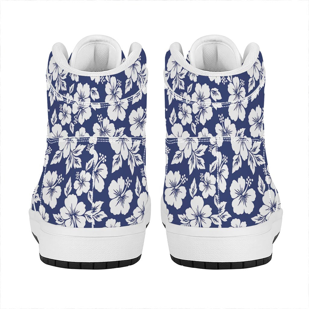 White Blue Hibiscus Floral Pattern Print High Top Leather Sneakers