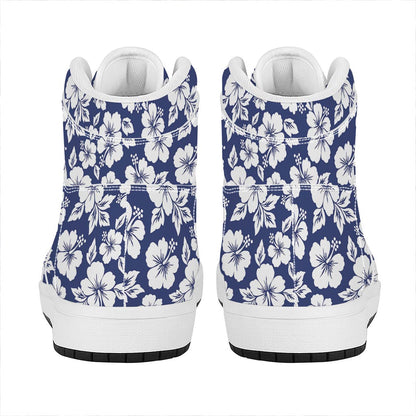 White Blue Hibiscus Floral Pattern Print High Top Leather Sneakers