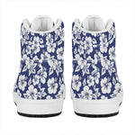 White Blue Hibiscus Floral Pattern Print High Top Leather Sneakers