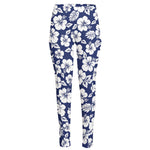 White Blue Hibiscus Floral Pattern Print High-Waisted Pocket Leggings