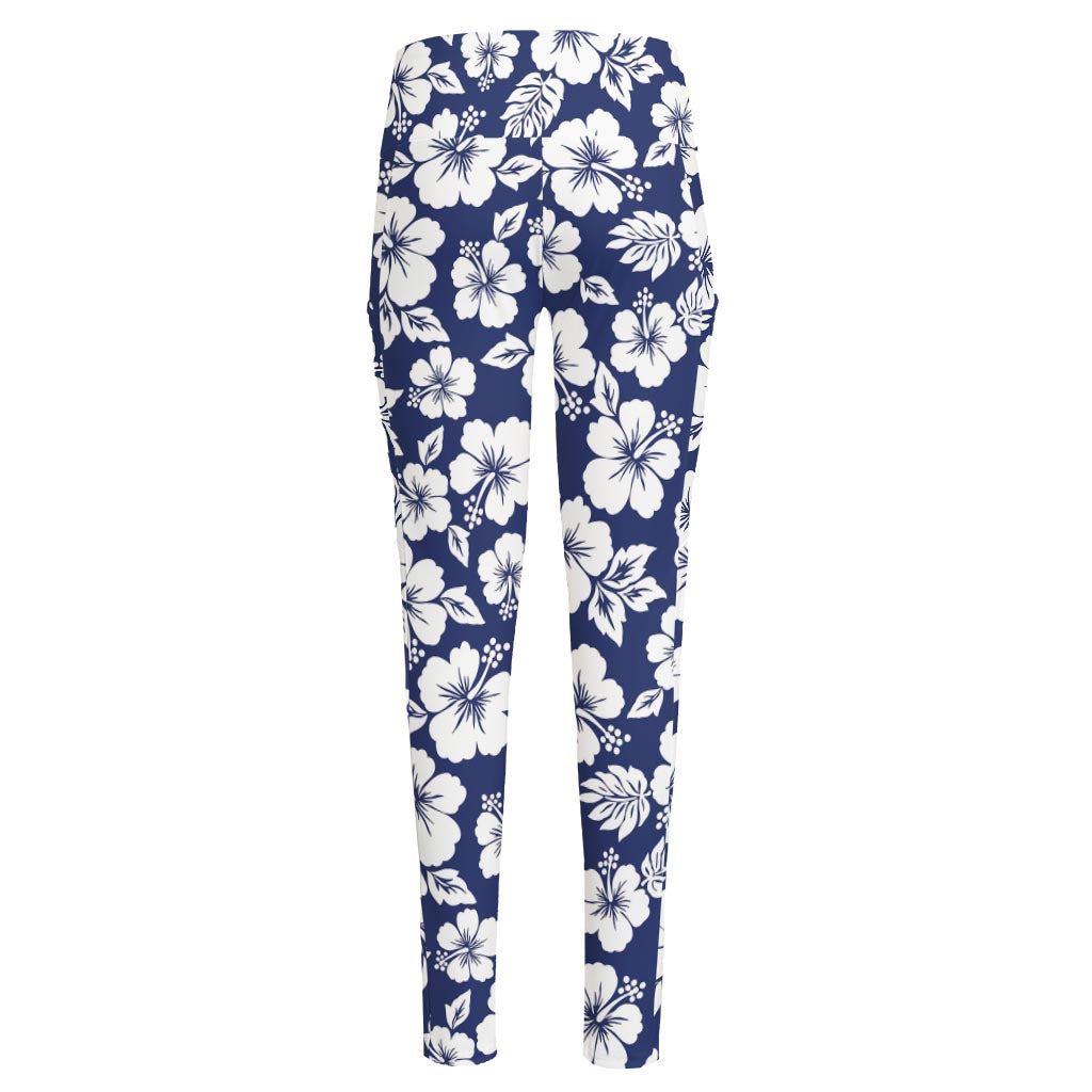 White Blue Hibiscus Floral Pattern Print High-Waisted Pocket Leggings