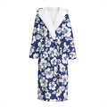 White Blue Hibiscus Floral Pattern Print Hooded Bathrobe