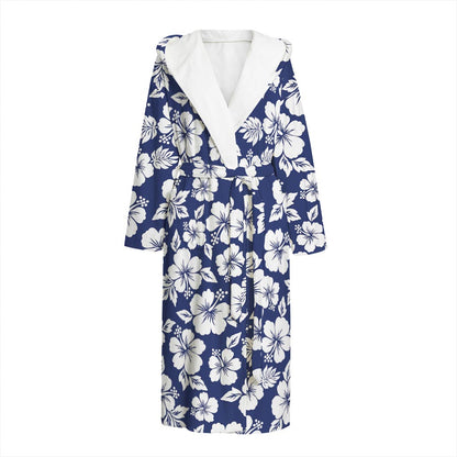 White Blue Hibiscus Floral Pattern Print Hooded Bathrobe