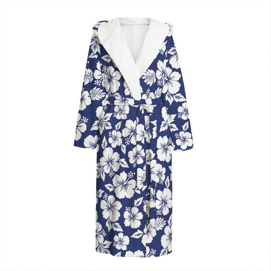 White Blue Hibiscus Floral Pattern Print Hooded Bathrobe