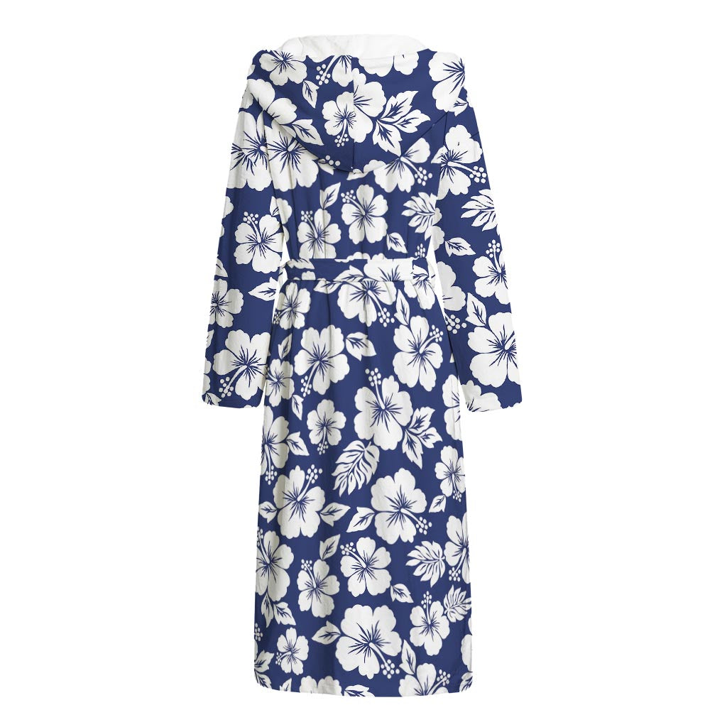 White Blue Hibiscus Floral Pattern Print Hooded Bathrobe