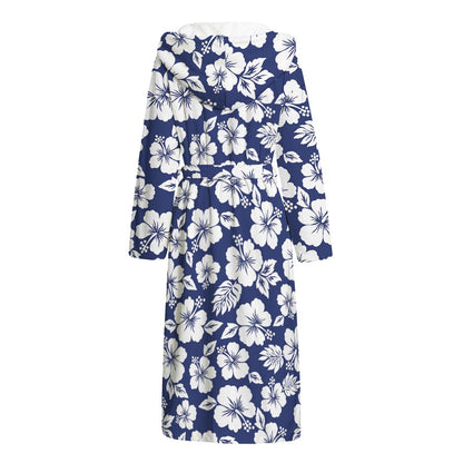 White Blue Hibiscus Floral Pattern Print Hooded Bathrobe