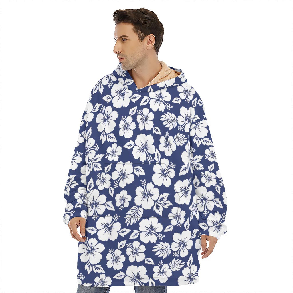 White Blue Hibiscus Floral Pattern Print Hoodie Blanket