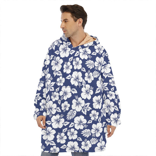 White Blue Hibiscus Floral Pattern Print Hoodie Blanket