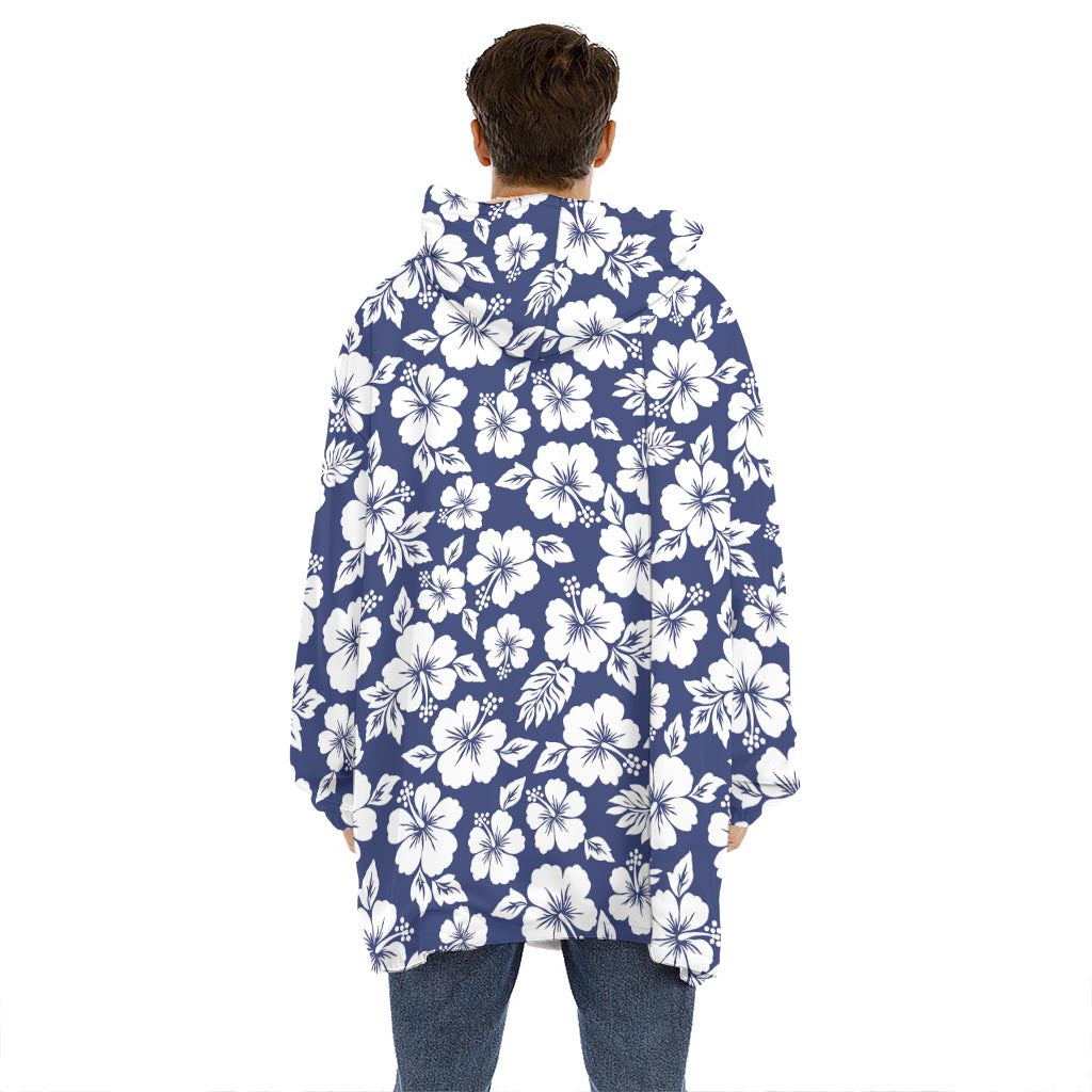 White Blue Hibiscus Floral Pattern Print Hoodie Blanket