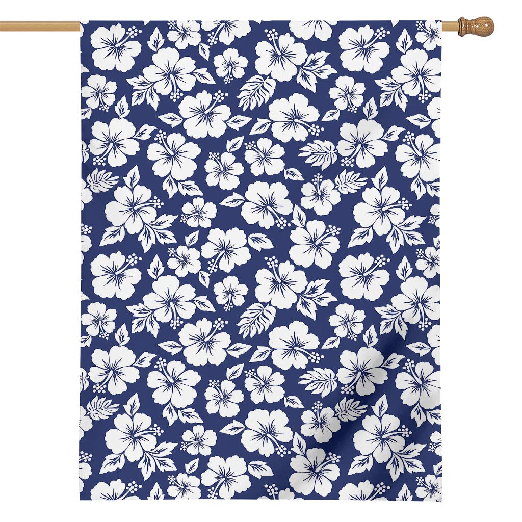 White Blue Hibiscus Floral Pattern Print House Flag