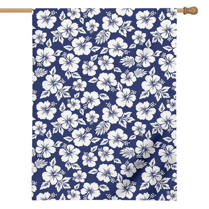 White Blue Hibiscus Floral Pattern Print House Flag