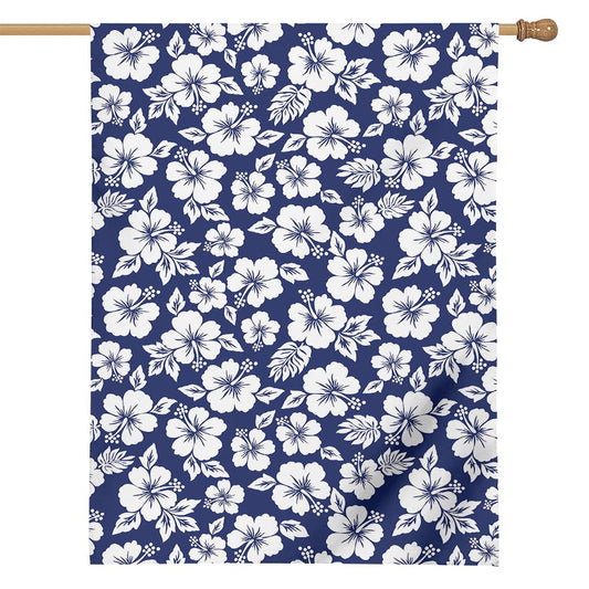 White Blue Hibiscus Floral Pattern Print House Flag
