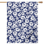 White Blue Hibiscus Floral Pattern Print House Flag