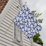 White Blue Hibiscus Floral Pattern Print House Flag