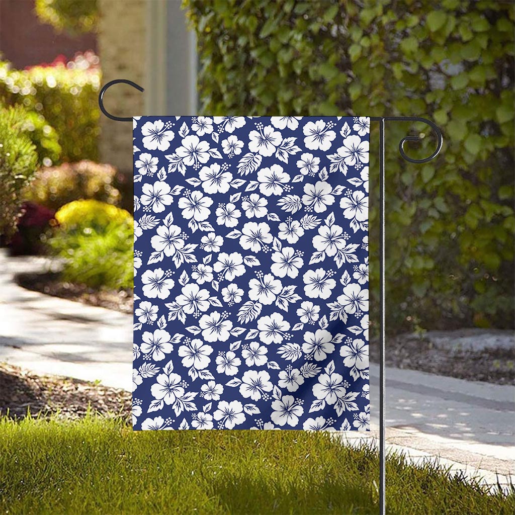 White Blue Hibiscus Floral Pattern Print House Flag