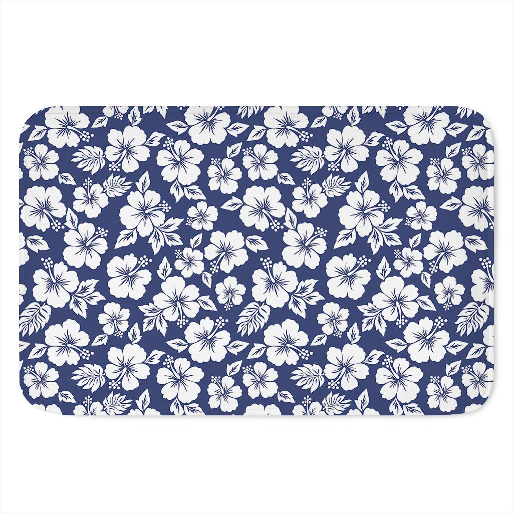 White Blue Hibiscus Floral Pattern Print Indoor Door Mat